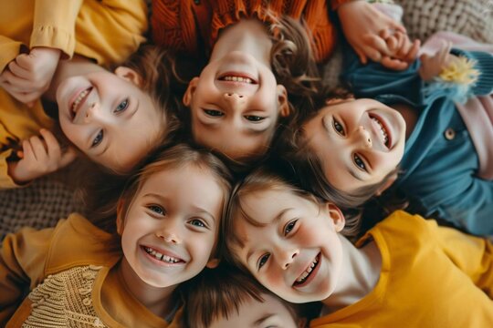 Happy children back to school for online classes, smiling circle of friends in playground safety.