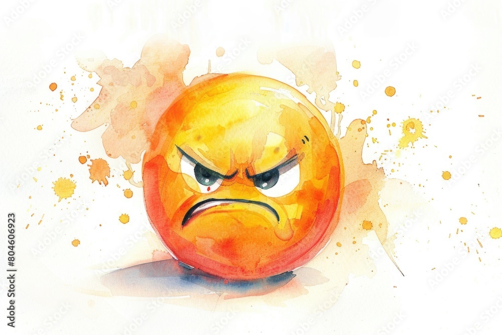 Poster an orange with a sad face drawn in watercolor. suitable for various design projects