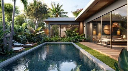 Exterior and interior design of a tropical pool villa with a lush green garden and bedroom, showcasing the home or house building.