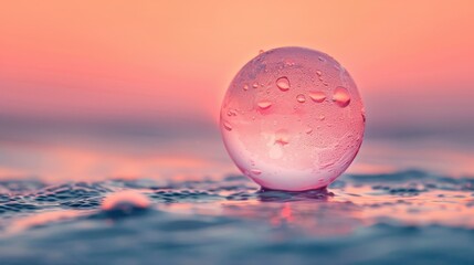   A macro shot of a water droplet atop a body of water, surrounded by a pink-hued sky