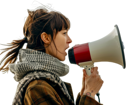 Woman shouting into red and white megaphone cut out on transparent background