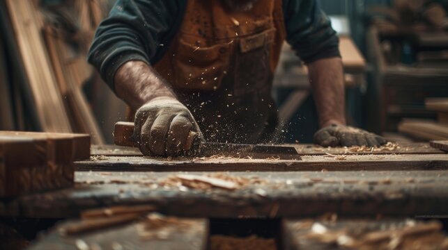 A man is working on a piece of wood. Suitable for woodworking or carpentry themes