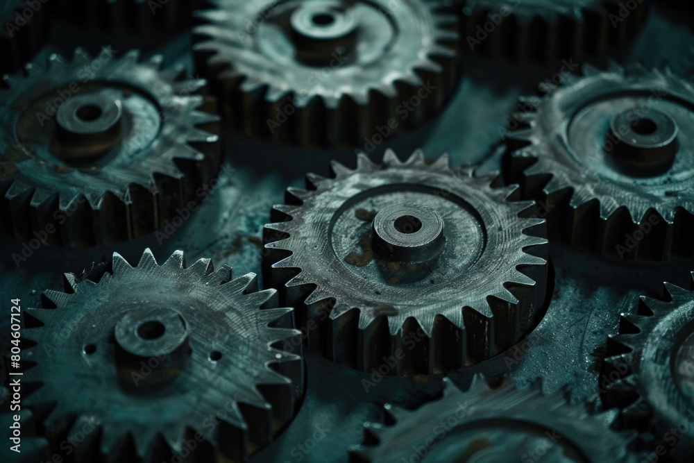 Poster a bunch of gears sitting on top of a table. suitable for industrial concepts