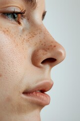 A detailed view of a woman's face with freckles. Suitable for beauty and skincare concepts