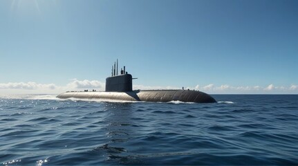 Under water Military nuclear submarine launching torpedo missile in vast expanse of open ocean, sunny day
