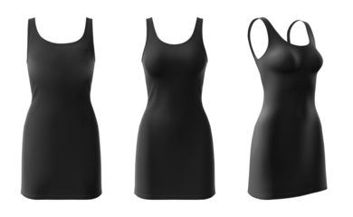 Set of black bodycon sleeveless basic everyday tank tee dress round neck, front back side view on transparent background cutout, PNG file. Mockup template for artwork graphic design