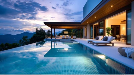 Luxurious interior and exterior design showcase a villa with a pool, living room, under the night sky, featuring sun beds and sofas. - obrazy, fototapety, plakaty