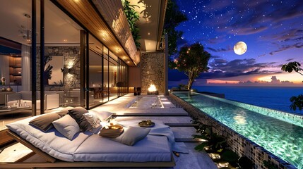 Luxurious interior and exterior design showcase a villa with a pool, living room, under the night sky, featuring sun beds and sofas. - obrazy, fototapety, plakaty
