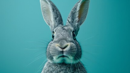   A clear rabbit face against a blue backdrop with a softly blurred rabbit facial image
