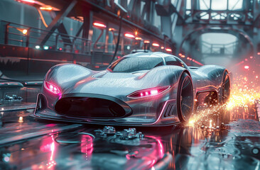 Obraz premium The modern sports car showcases in a tunnel reflecting the vibrant neon lighting and wet ground