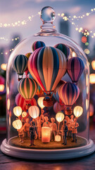 The image features a lovely scene encapsulated within a glass dome. There are miniature hot air balloons delicately floating in the atmosphere with tiny figurines grasping lanterns beneath them. ...