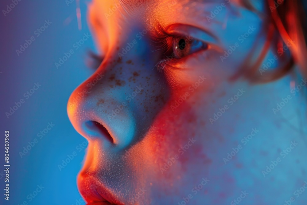 Poster Close up of a child's face with freckles. Suitable for various projects