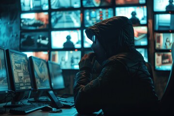 Person in a hoodie sitting in front of a computer, suitable for tech concepts