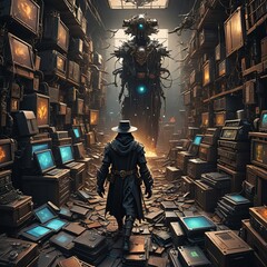 Man Walking Through Library of Books. Generative AI