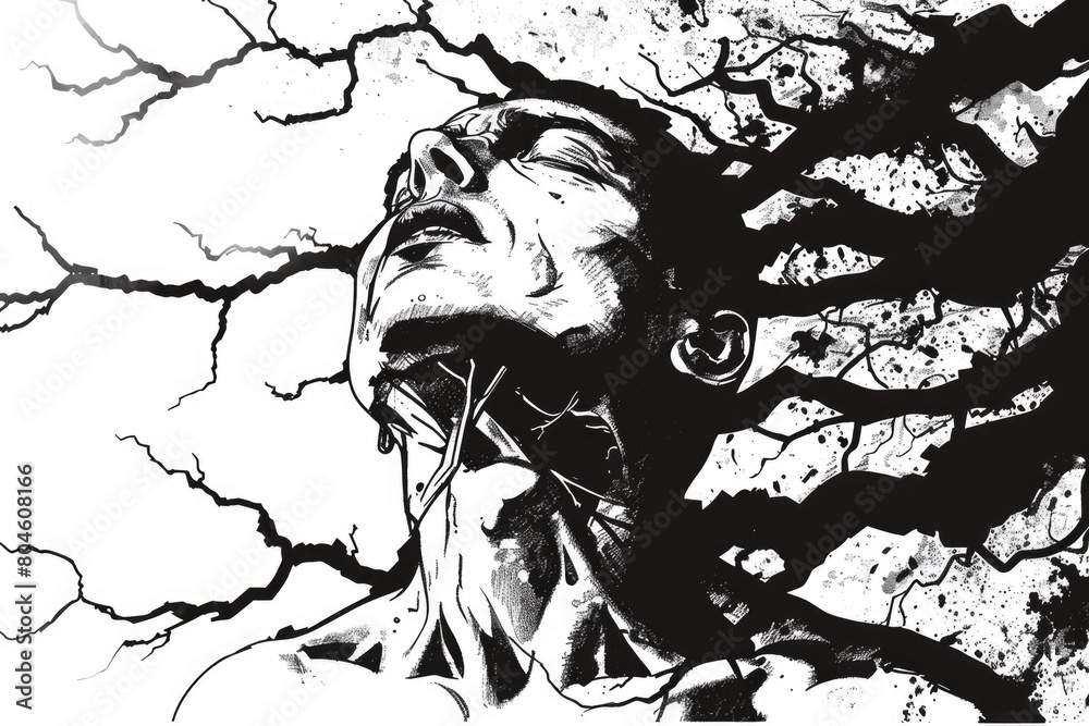Poster Black and white drawing of a man with a tree in the background. Suitable for various design projects