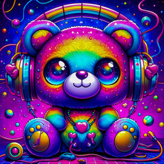 digital art vibrant colorful psychedelic chibi eyed teddy bear with headphones vibin to music