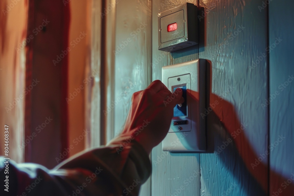 Poster person pressing button on wall, suitable for technology concepts