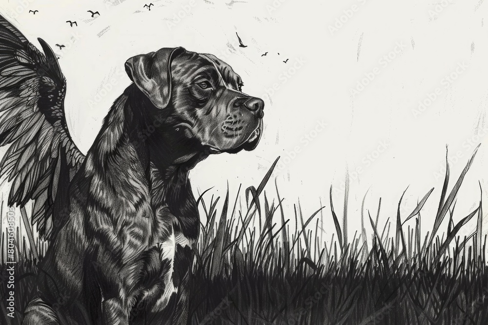 Poster a black and white drawing of a dog with wings. suitable for various design projects