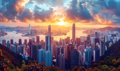 Dramatic sunset over a dense urban skyline with water and mountains. Generate AI