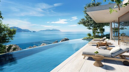 Rendering depicts a summer scene of relaxation, with sunbathing deck and private swimming pool offering panoramic sea views at a luxury house.