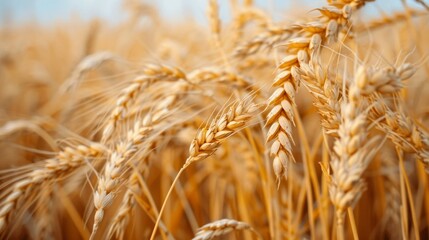 Fototapeta premium Vivid close-up of ripe golden wheat ears in a field, capturing the essence of harvest time