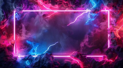 A realistic modern illustration of a rectangular border glowing in darkness containing toxic purple smoke and lightning discharges Design element of neon purple toxic smoke and lightning discharges 