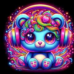 digital art vibrant colorful psychedelic chibi eyed teddy bear with headphones vibin to music