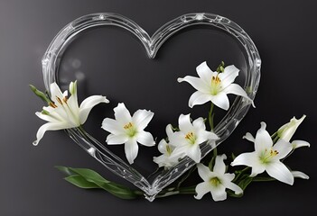 glass heart with white lilies on black background for obituary notice, funeral announcement, necrology