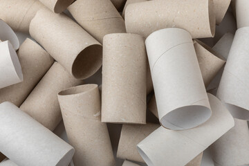 Empty toilet paper roll. Rolls of toilet paper on background. Paper tube of toilet paper. Place for text. Copy space. Flat lay. Eco-friendly reuse recycle