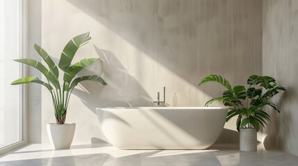 The interior of a well-lit bathroom includes a bathtub and a houseplant.