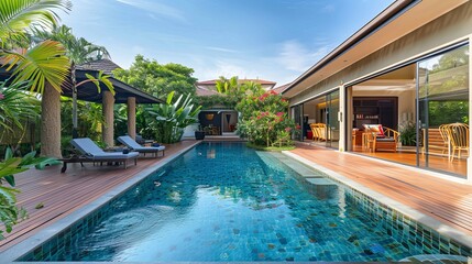 The garden of a luxury home features a swimming pool and decking.