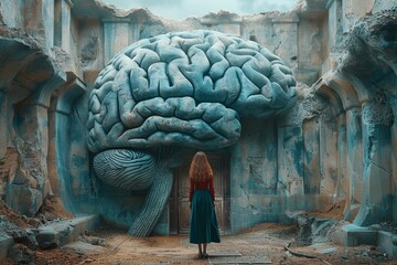 A colossal brain structure dominating a barren rocky landscape with a small figure standing in awe