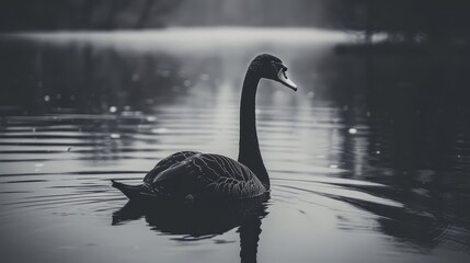 Fototapeta premium A black-and-white image of a duck swimming in a water body Foggy sky background