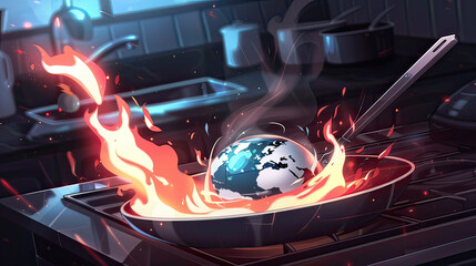 Stylized concept art showing the Earth burning in a kitchen pan, highlighting issues of global warming and ecological crisis.