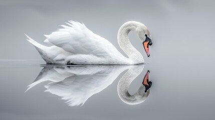 Obraz premium A swan glides through water, wings unfurled, mirrored in tranquil reflection
