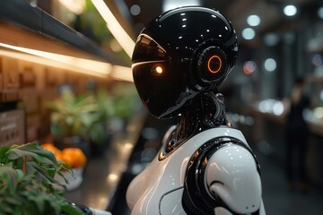 Fototapeta premium An advanced humanoid robot with a glossy black head, positioned in a modern kitchen setting, evoking a sense of future technology