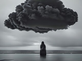 Anxiety girl sitting alone under the black cloud