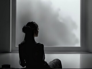 silhouette of a person looking outside of the window