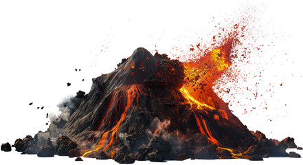 Erupting volcano with glowing lava and ash clouds cut out on transparent background