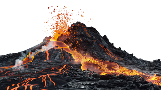 Erupting volcano with glowing lava and ash clouds cut out on transparent background