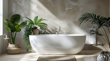 White tub and beautiful plants adorn the bathroom interior, adding to the overall design.