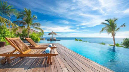 Wooden lounge chairs adorn the poolside deck of a contemporary villa.