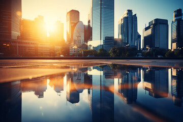 Reflective skyscrapers, business office buildings. low angle view of skyscrapers in city, sunny day. Business wallpaper with modern high-rises with mirrored windows