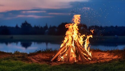 Bonfire at night. Summer solstice celebration.