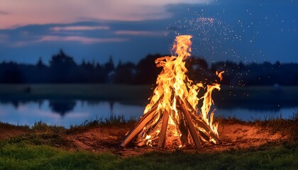 Naklejka premium Bonfire at night. Summer solstice celebration.