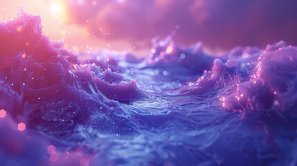 A blue ocean with purple waves and a pink sun in the background
