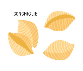 Pasta type conchiglie in flat style in shells shape in flat style with inscription isolated on white. Carbohydrate diet vector illustration. Traditional Italian Food for Menu, shop, packaging.