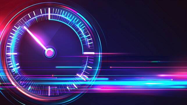 A dial with fast-moving hands is depicted against a black background with neon lights on the sides of its body.