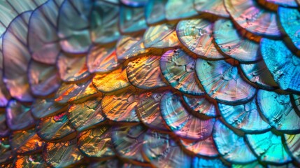 Close-up macro fish nacre colorful skin scales. Mermaid texture or background.