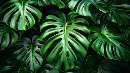   A tight shot of a green plant's leafy expanse against a pitch-black backdrop, displaying circular hollows in the heart of its leaves